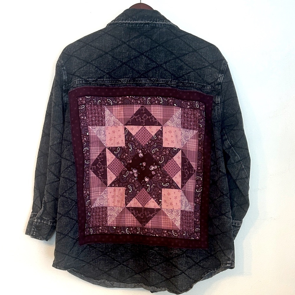 Upcycled quilt patched quilted black denim shirt jacket shacket